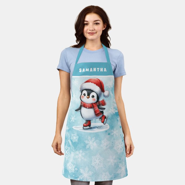 Penguin Ice Skater Snowy Blue Custom Christmas Apron (Worn)