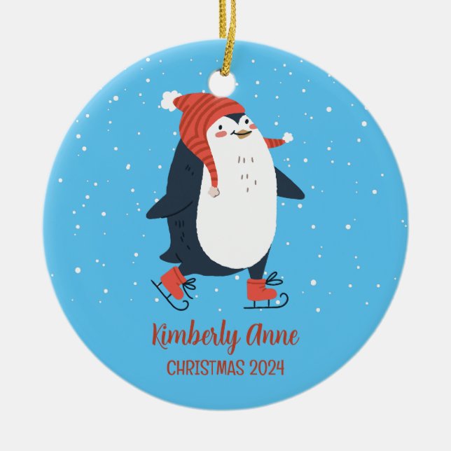 Penguin Ice Skating Christmas Snowy Winter Holiday Ceramic Ornament (Front)