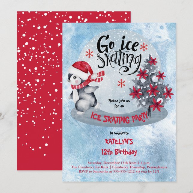 Penguin Ice Skating Holiday 12th Birthday Party Invitation (Front/Back)