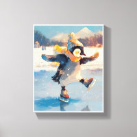 Penguin Ice Skating Winter Nursery Wall Art Canvas