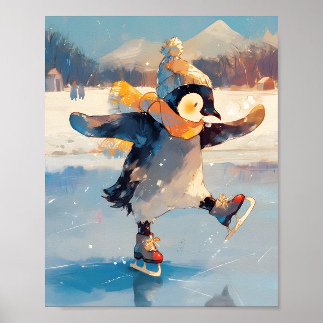 Penguin Ice Skating Winter Nursery Wall Art Poster (Devant)
