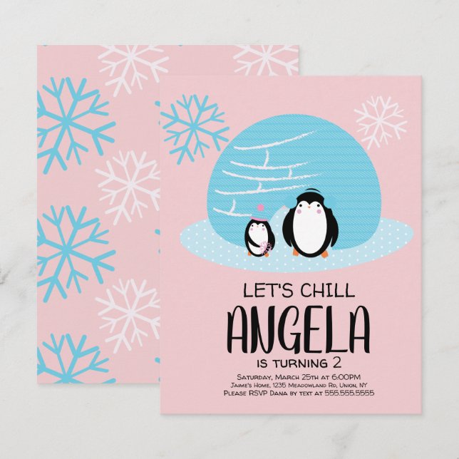Penguin Igloo Snowflakes Winter Birthday  Invitation (Front/Back)