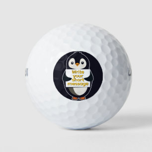 Penguin illustration holding customizable sign golf balls