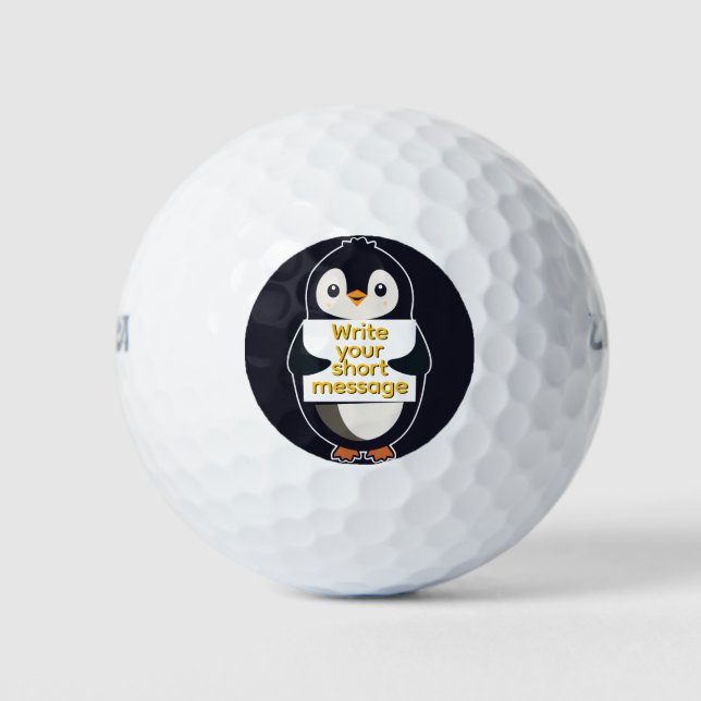 Penguin illustration holding customizable sign golf balls (Front)