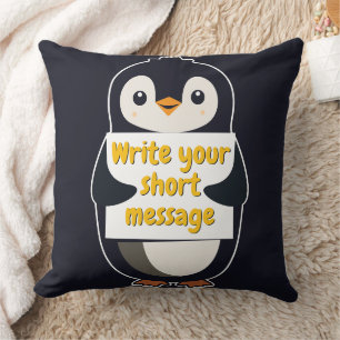 Penguin illustration holding customizable sign throw pillow