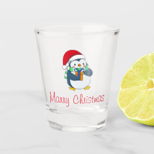 Penguin in a Christmas hat with a gift  Shot Glass