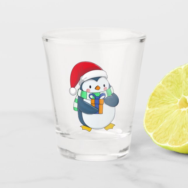 Penguin in a Christmas hat with a gift  Shot Glass (Front)