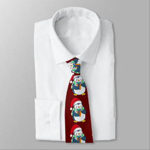 Penguin in a Christmas hat with a gift  Tie