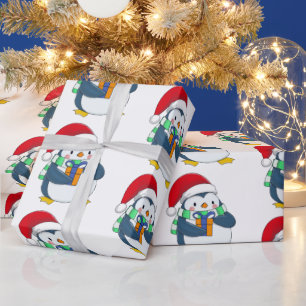 Penguin in a Christmas hat with a gift Wrapping Paper