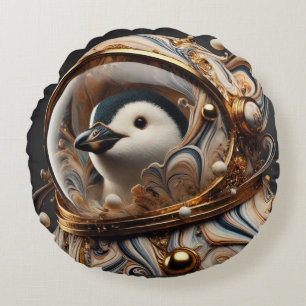 Penguin in a Cosmic Art Suit" Round Pillow