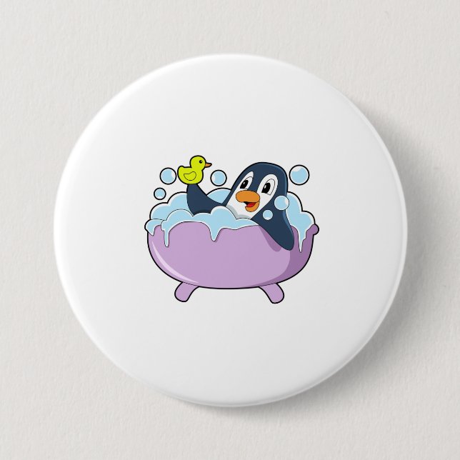 Penguin in Bathtub with Duck 3 Inch Round Button (Front)