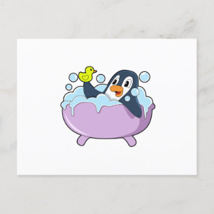 Penguin in Bathtub with Duck Postcard