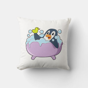 Penguin in Bathtub with Duck Throw Pillow