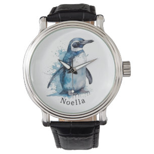 penguin in blue watercolor, customizable watch