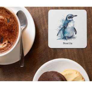 penguin in blue watercolor glass coaster