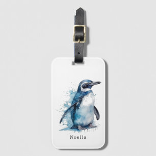 penguin in blue watercolor luggage tag