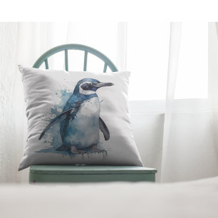 penguin in blue watercolor throw pillow