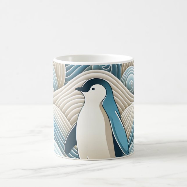 Penguin In Cream Blue Abstract Waves Coffee Mug (Center)