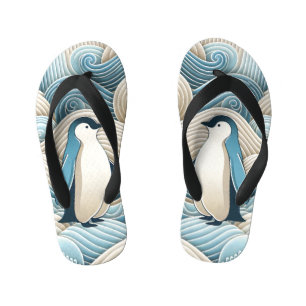 Penguin In Cream Blue Abstract Waves Kid's Flip Flops