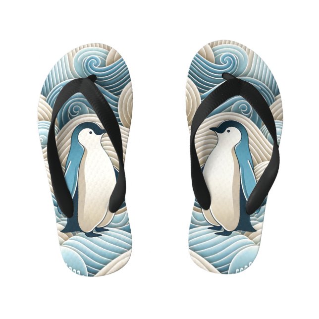 Penguin In Cream Blue Abstract Waves Kid's Flip Flops (Footbed)