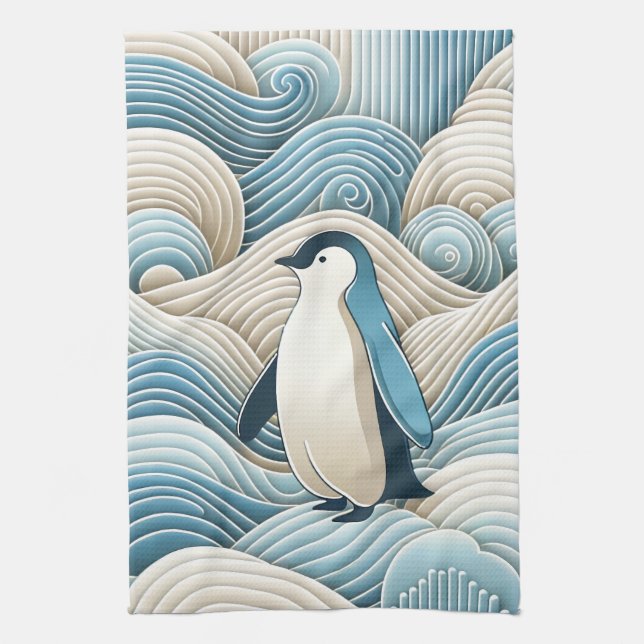 Penguin In Cream Blue Abstract Waves Kitchen Towel (Vertical)