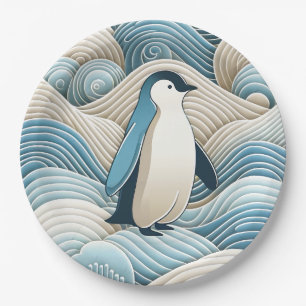 Penguin In Cream Blue Abstract Waves Paper Plate