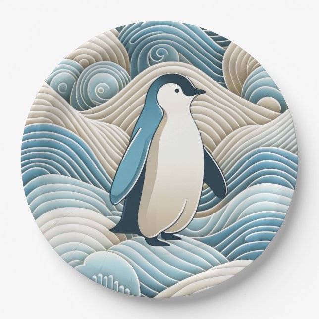 Penguin In Cream Blue Abstract Waves Paper Plate (Front)