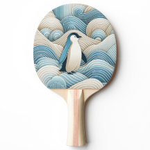 Penguin In Cream Blue Abstract Waves