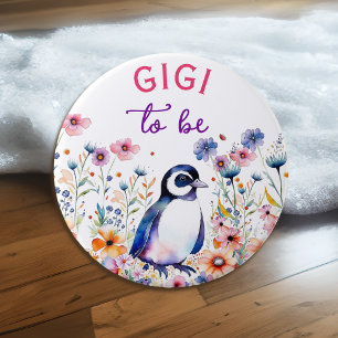 Penguin in Flowers Baby Shower Gigi to be 3 Inch Round Button