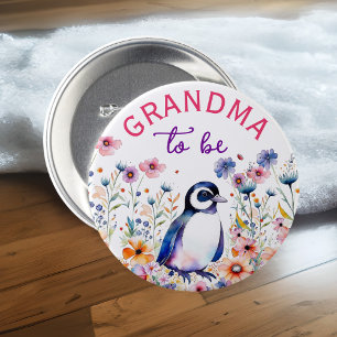 Penguin in Flowers Baby Shower Grandma to be 3 Inch Round Button