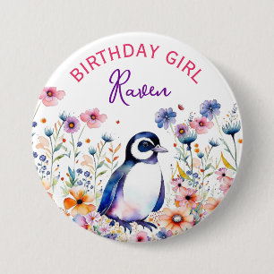 Penguin in Flowers Birthday Girl Personalized 3 Inch Round Button