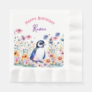 Penguin in Flowers Girl's Birthday Personalized Napkin