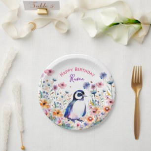 Penguin in Flowers Girl's Birthday Personalized Paper Plate