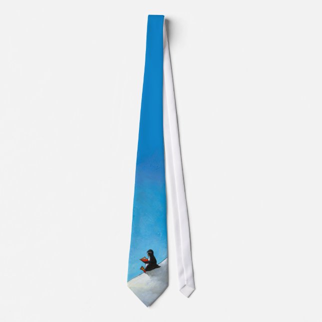 Penguin in glasses reading a book fun art tie (Front)