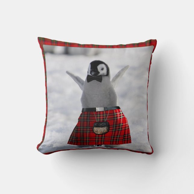 Penguin in Kilt Throw Pillow (Front)