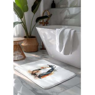 penguin in orange and black water colour bath mat