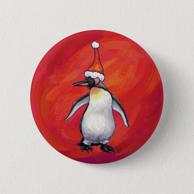Penguin in Santa Hat on Red 2 Inch Round Button (Front)