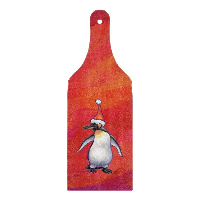 Penguin in Santa Hat on Red Cutting Board (Front)