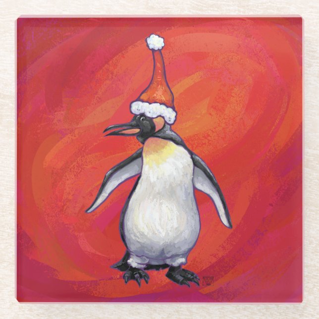 Penguin in Santa Hat on Red Glass Coaster (Front)