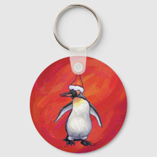 Penguin in Santa Hat on Red Keychain