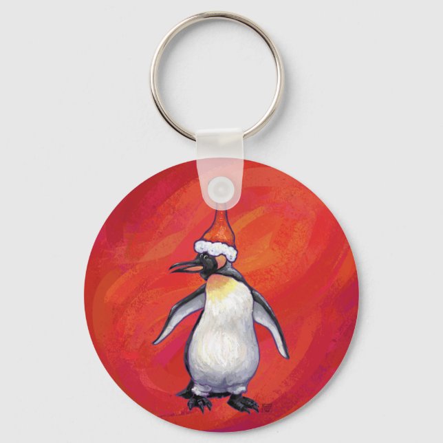 Penguin in Santa Hat on Red Keychain (Front)