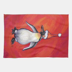 Penguin in Santa Hat on Red Kitchen Towel