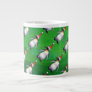 Penguin in Santa Hat Pattern on Green Large Coffee Mug