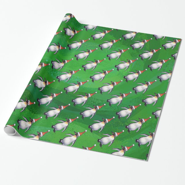 Penguin in Santa Hat Pattern on Green Wrapping Paper (Unrolled)
