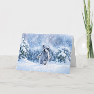 Penguin in the Snow Chilling with Hat Christmas Card