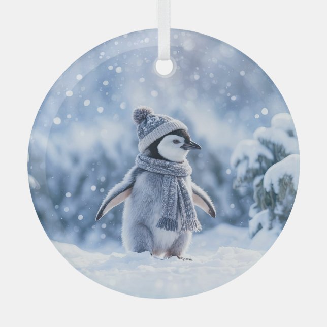 Penguin in the Snow Cute Christmas Glass Ornament (Front)