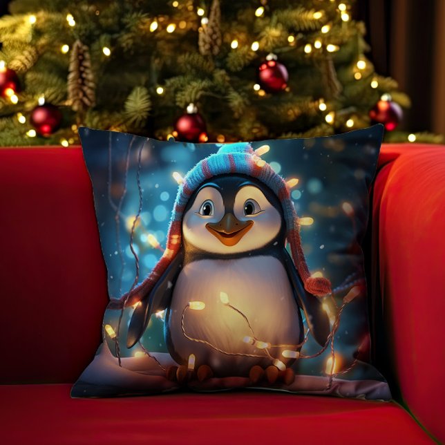 Penguin In The Spirit Of Christmas Throw Pillow (Penguin In The Spirit Of Christmas Throw Pillow)