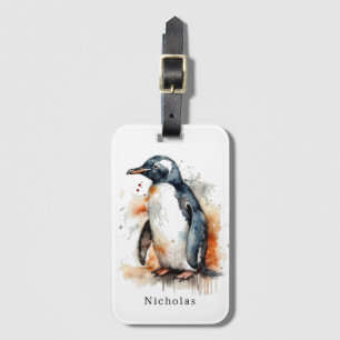 penguin in watercolor, customizable luggage tag