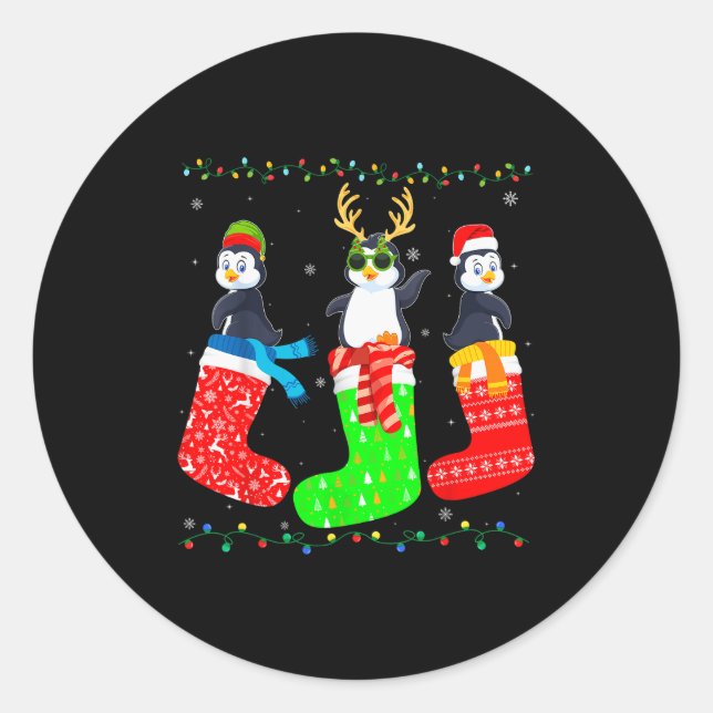 Penguin In Xmas Socks Funny Holiday Ugly Sweater C Classic Round Sticker (Front)