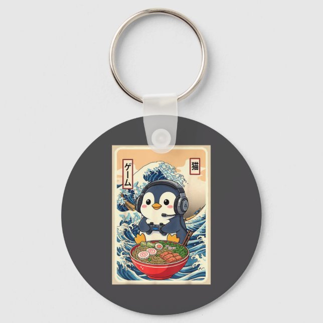 Penguin Kawaii Japanese Ramen Noodle Retro Gaming  Keychain (Front)